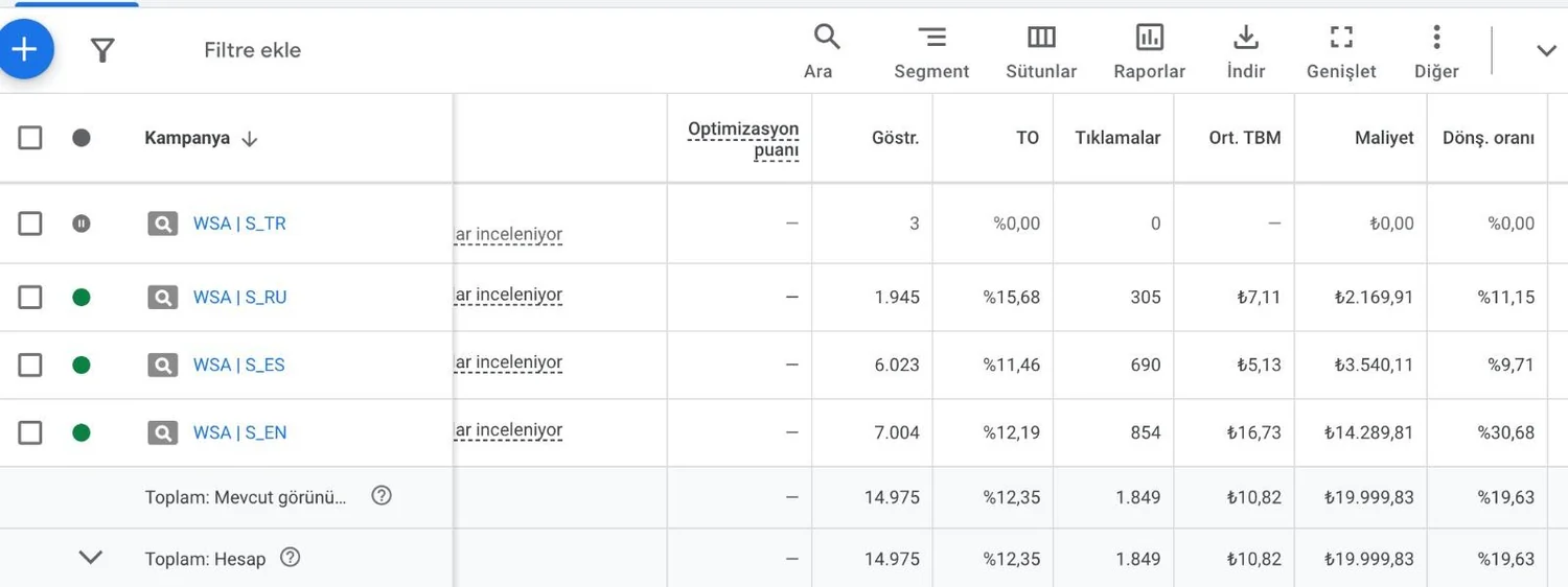 Google Ads kampanya paneli — WSA çok dilli kampanyalar